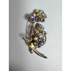 Vintage Aurora Borealis Brooch, floral brooch, gold tone metal